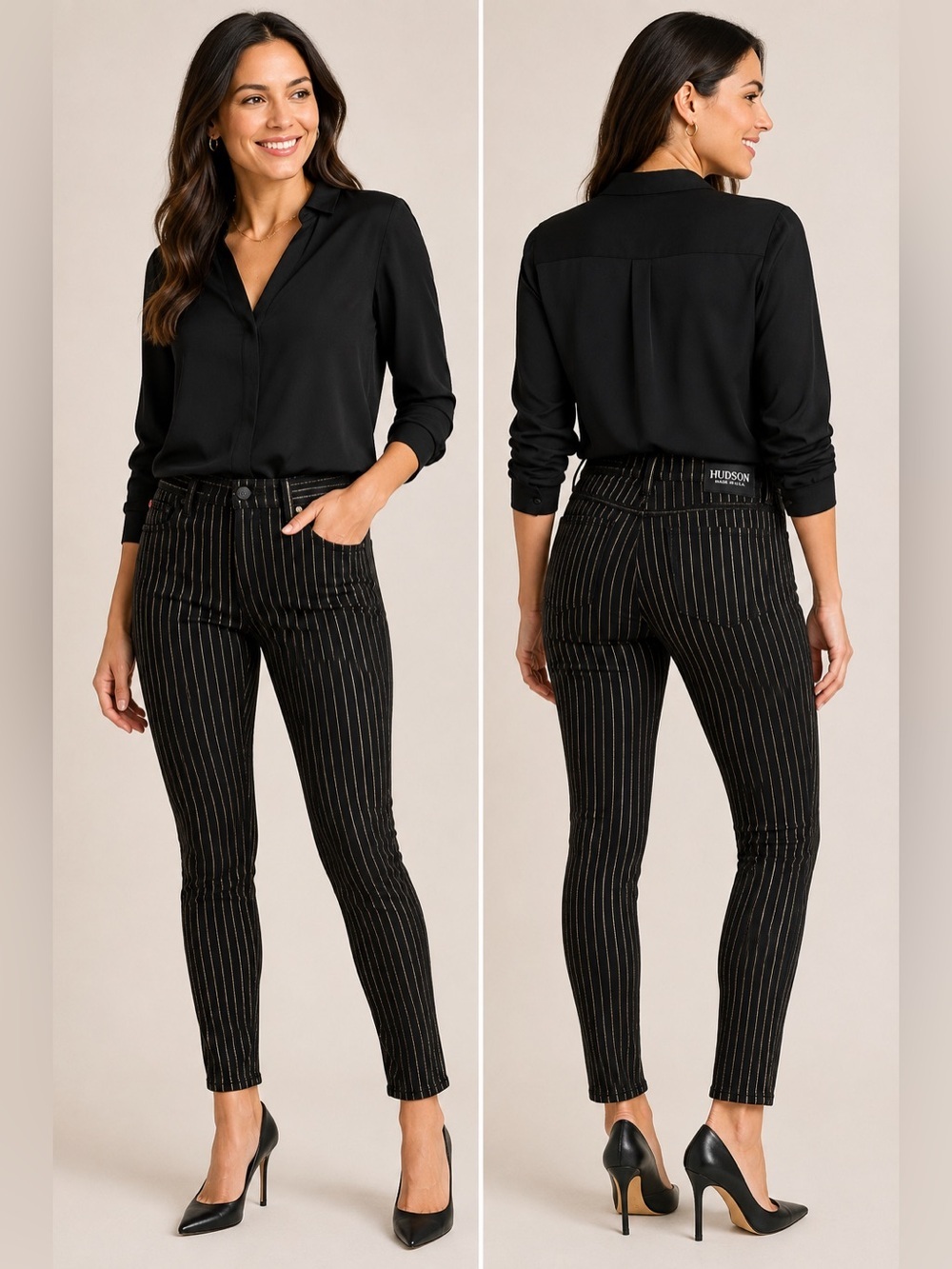 Hudson Jeans Women’s Size 26 Black Gold Pinstripe Skinny Jeans Made in USA